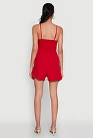Womens Chic Sleeveless Padded Cup Romper with Pockets and Smocked Details, Red, Size L