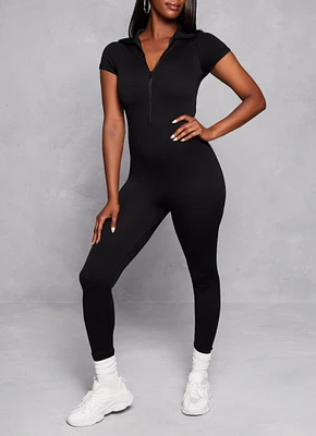 Womens Seamless Ribbed Collared Zip Front Jumpsuit, Black, Size M