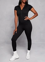 Womens Seamless Ribbed Collared Zip Front Jumpsuit, Black, Size M