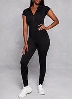 Womens Seamless Ribbed Collared Zip Front Jumpsuit, Black, Size M