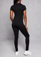 Womens Seamless Ribbed Collared Zip Front Jumpsuit, Black, Size M