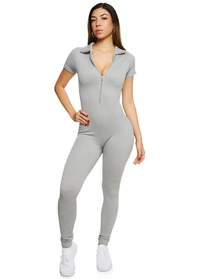 Womens Seamless Ribbed Collared Zip Front Jumpsuit, Grey, Size M