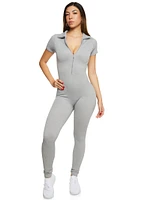 Womens Seamless Ribbed Collared Zip Front Jumpsuit, Grey, Size M