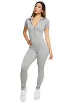 Womens Seamless Ribbed Collared Zip Front Jumpsuit, Grey, Size M