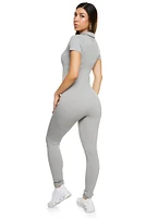 Womens Seamless Ribbed Collared Zip Front Jumpsuit, Grey, Size M