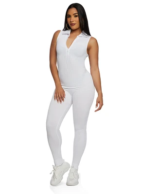 Womens Seamless Half Zip Collared Catsuit, White, Size S