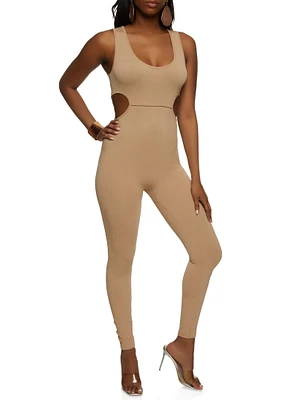 Womens Scoop Neck Cut Out Tank Jumpsuit, Beige, Size L