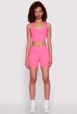 Womens Seamless Cropped Tank Top and Bike Shorts, Pink, Size XL