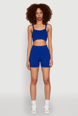 Womens Seamless Cropped Cami and Bike Shorts Set, Blue, Size M