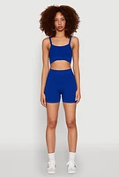Womens Seamless Cropped Cami and Bike Shorts Set, Blue, Size M