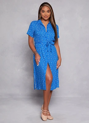 Womens Daisy Print Shirt Dress, Blue, Size M