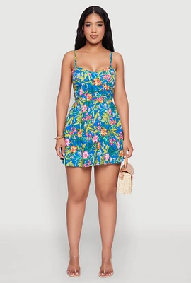 Womens Tropical Floral Print Bustier Skater Dress, Multi, Size M