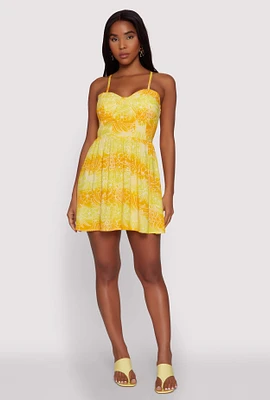 Womens Gradient Floral Print Bustier Skater Dress, Yellow, Size L
