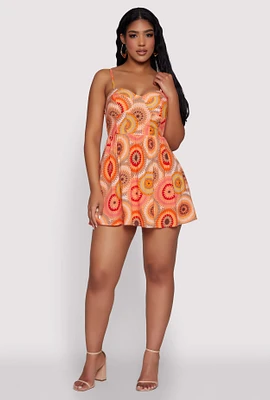 Womens Sunburst Boho Print Bustier Skater Dress, Orange,
