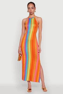 Womens Rainbow Chain Print Halter Dress, Multi, Size S