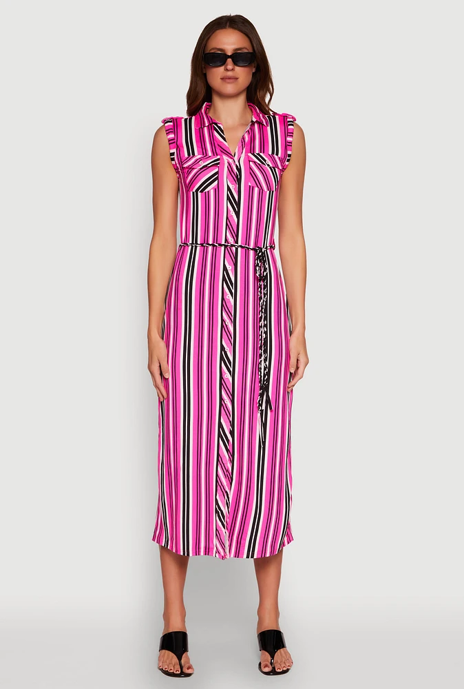 Womens Sleeveless Striped Shirt Dress,
