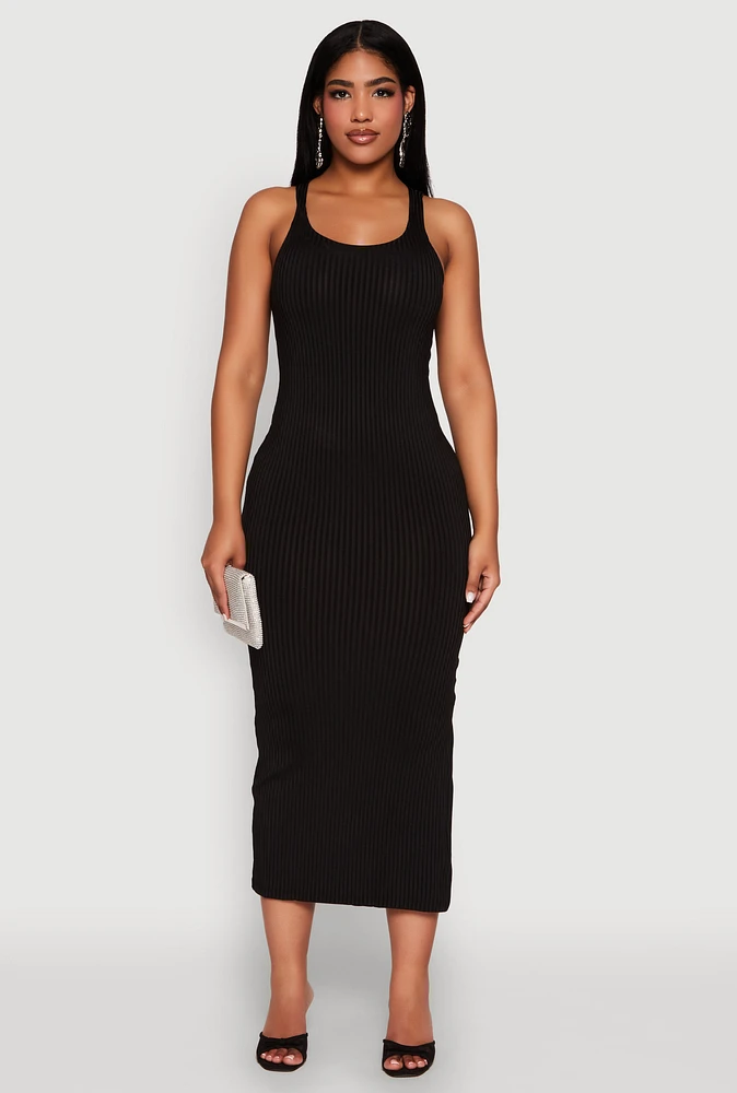 Womens Ribbed Knit Racerback Maxi Tank Dress, Black, Size M