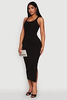 Womens Ribbed Knit Racerback Maxi Tank Dress, Black, Size M