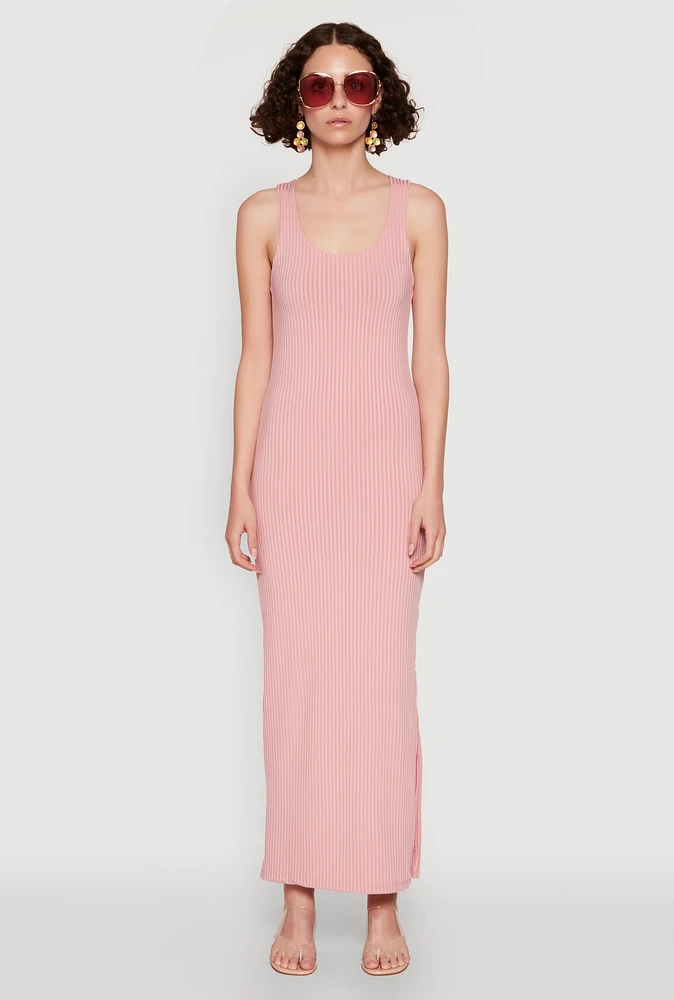 Womens Ribbed Knit Racerback Maxi Tank Dress, Pink, Size M