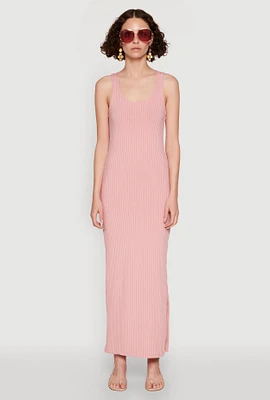 Womens Ribbed Knit Racerback Maxi Tank Dress, Pink, Size M