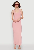 Womens Ribbed Knit Racerback Maxi Tank Dress, Pink, Size M