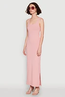 Womens Ribbed Knit Racerback Maxi Tank Dress, Pink, Size M