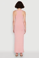 Womens Ribbed Knit Racerback Maxi Tank Dress, Pink, Size M