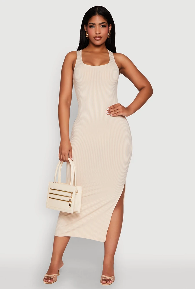 Womens Ribbed Knit Racerback Maxi Tank Dress,