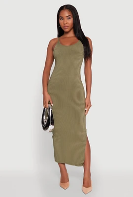 Womens Ribbed Knit Side Slit Cami Maxi Dress, Green, Size L