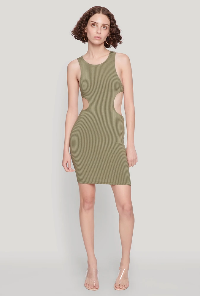 Womens Ribbed Knit Cut Out Side Mini Dress,