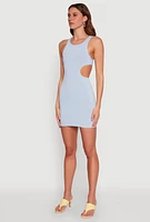 Womens Ribbed Knit Cut Out Side Mini Dress, Blue, Size S