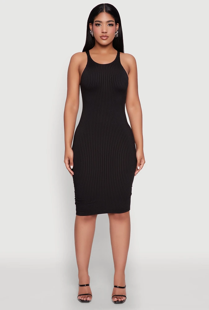Womens Rib Knit Tank Midi Dress, Black,