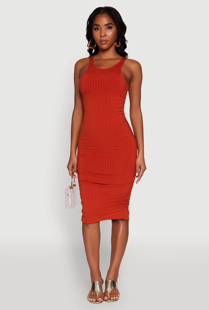 Womens Rib Knit Tank Midi Dress, Orange, Size M
