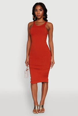Womens Rib Knit Tank Midi Dress, Orange, Size M