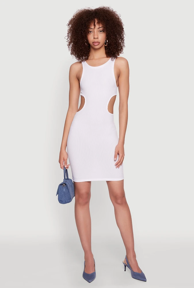 Womens Ribbed Knit Side Cut Out Mini Tank Dress,