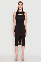 Womens Rib Knit Slit Front Keyhole Midi Dress,