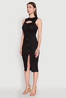 Womens Rib Knit Slit Front Keyhole Midi Dress,