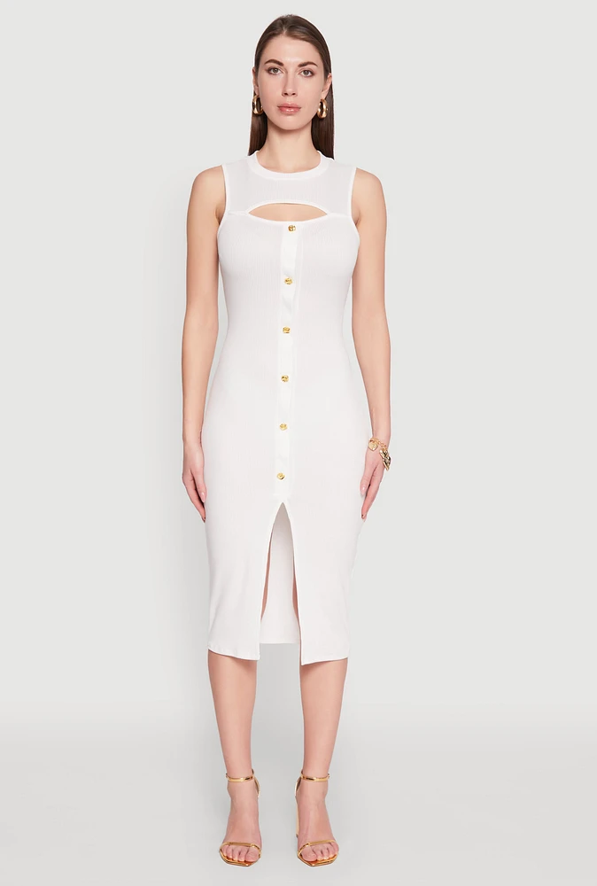 Womens Rib Knit Slit Front Keyhole Midi Dress, White, Size M