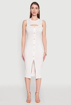 Womens Rib Knit Slit Front Keyhole Midi Dress, White, Size M