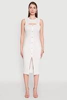 Womens Rib Knit Slit Front Keyhole Midi Dress, White, Size M