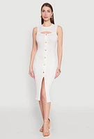 Womens Rib Knit Slit Front Keyhole Midi Dress, White, Size M