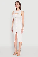 Womens Rib Knit Slit Front Keyhole Midi Dress, White, Size M