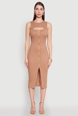 Womens Rib Knit Slit Front Keyhole Midi Dress,