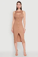 Womens Rib Knit Slit Front Keyhole Midi Dress,