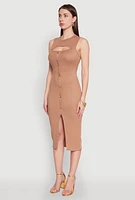 Womens Rib Knit Slit Front Keyhole Midi Dress, Brown, Size S
