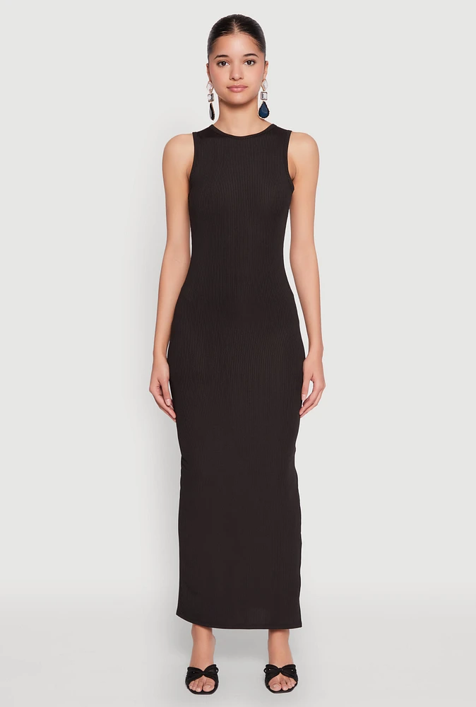 Womens Rib Knit Side Slit Maxi Dress,