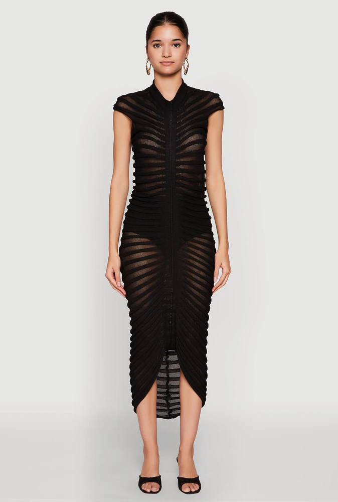 Womens Shadow Striped Knit Midi Dress, Black, Size S