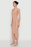 Womens Shadow Striped Knit Midi Dress, Beige, Size L