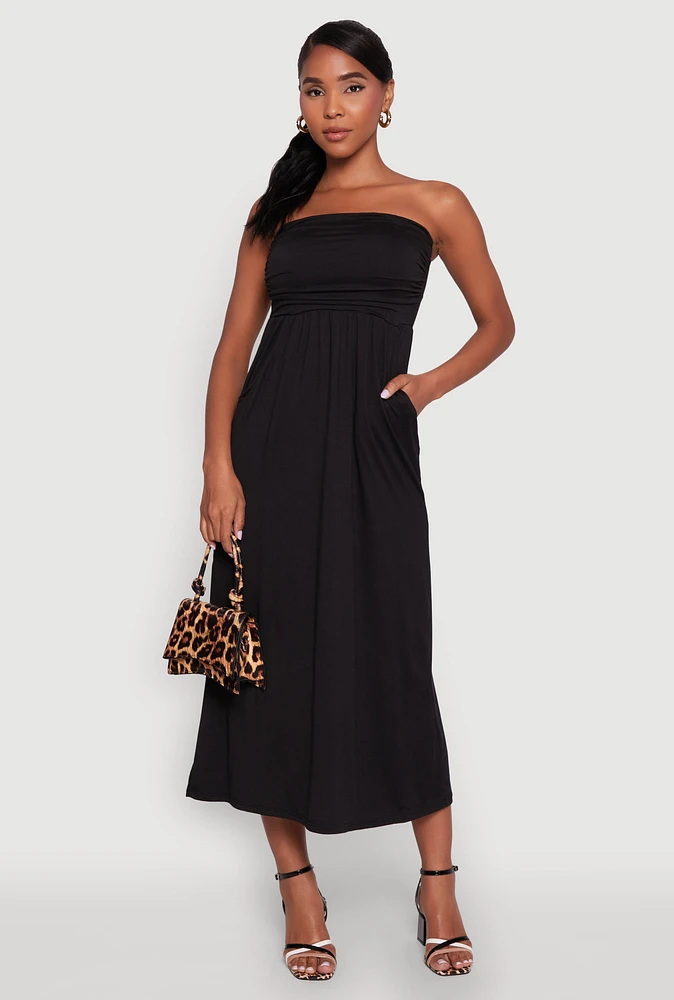 Womens Chic Soft Knit Ruched Midi Tube Dress,