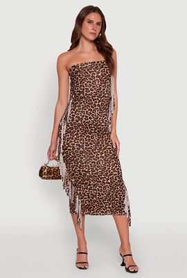 Womens Trendy Leopard Print Fringe Side Tube Dress, Brown, Size L